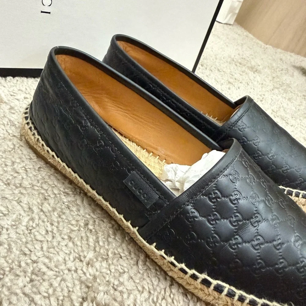 Gucci Black Embossed Leather Espadrilles